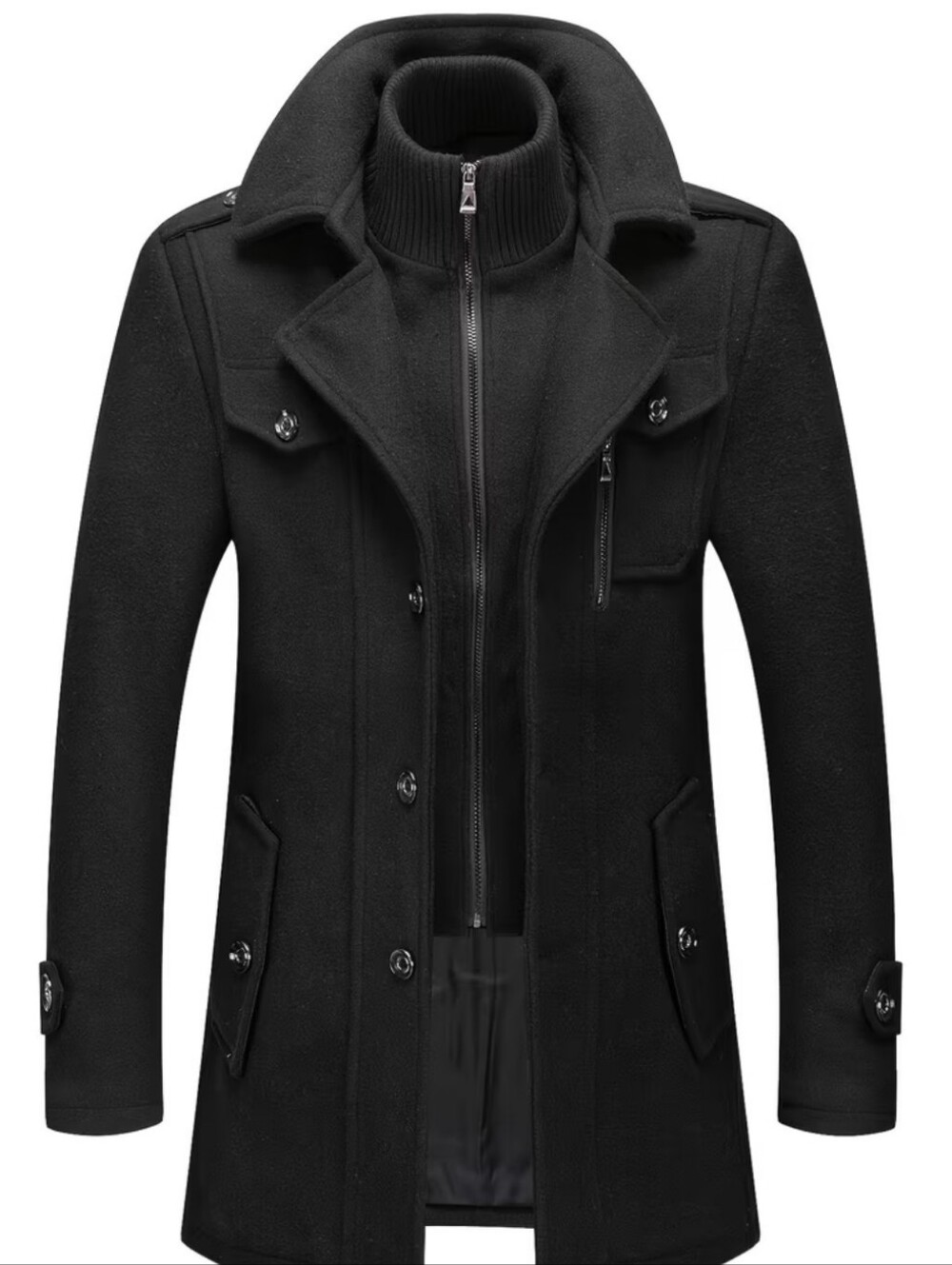 Men's Black Wool Blend Peacoat with Inner Zip Vest